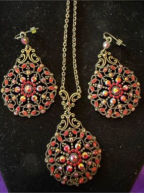 Park Lane Red Aurora Borealis Filigree Necklace & Earrings Set